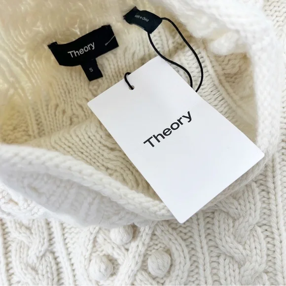 Theory Wool Cashmere Mixed Cable Knit Pom Pom Sweater Size Small NWT Ivory